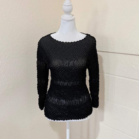 Cache Tops - Cache Popcorn Top Women OS Black Crinkle Sheer Stripe Y2K Gothic